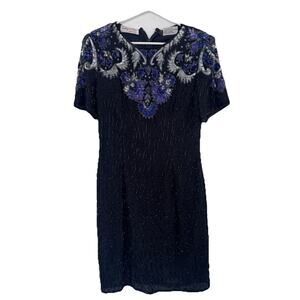 Vintage Silky Nites NY Black Sequin Beaded Dress Holiday Cocktail 100% Silk M
